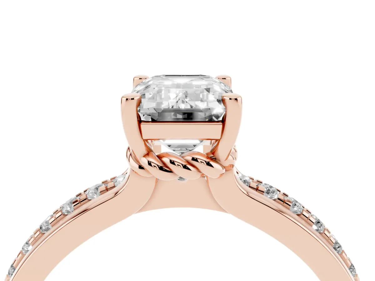 Emerald Cut Solitaire Diamond Ring with Channel Set Band and Six-Prong Setting Rose gold