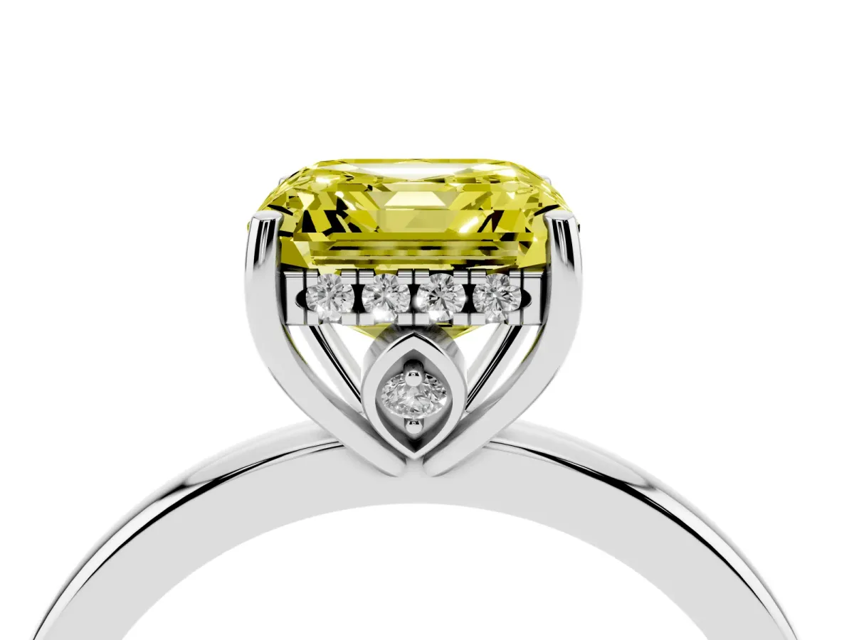 Fancy Yellow Asscher Cut Solitaire Diamond Ring with Prong Setting and Plain Band Platinum