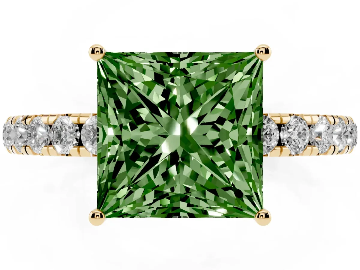 Fancy Green Princess Cut Diamond Pavé Solitaire Engagement Ring with Four-Prong Setting Yellow gold