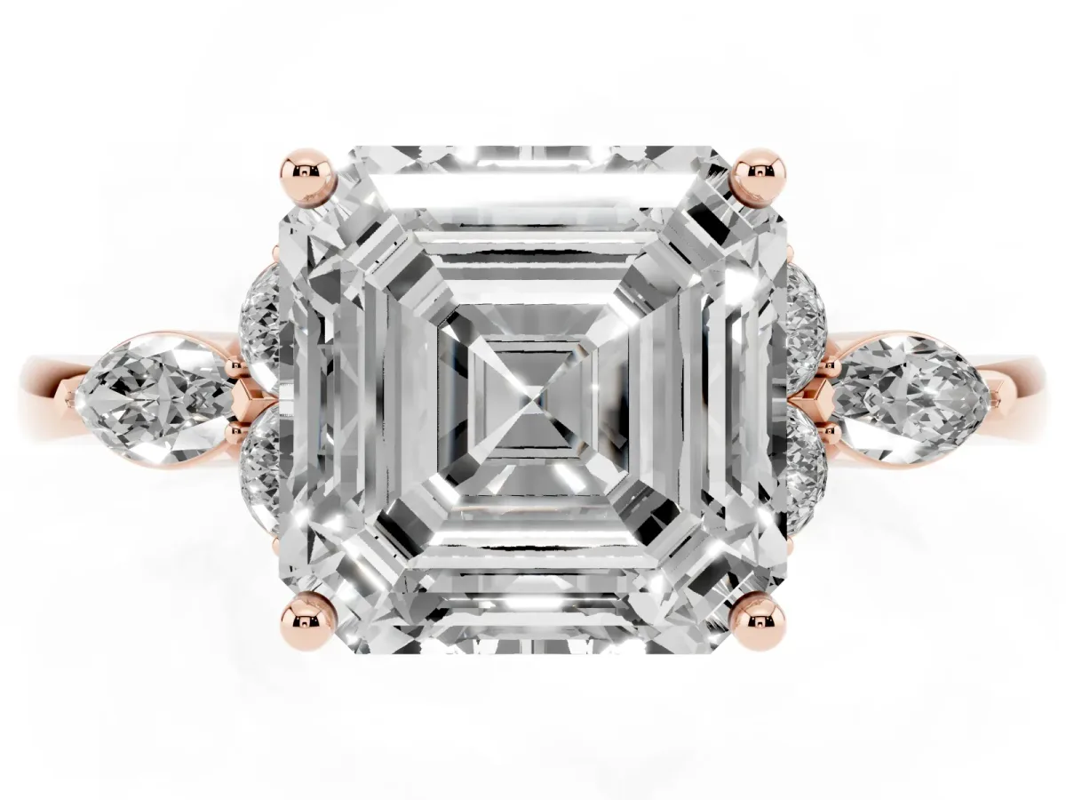 Asscher Cut Brilliant Diamond Solitaire Ring with Pear Side Stones and Four-Prong Setting Rose gold