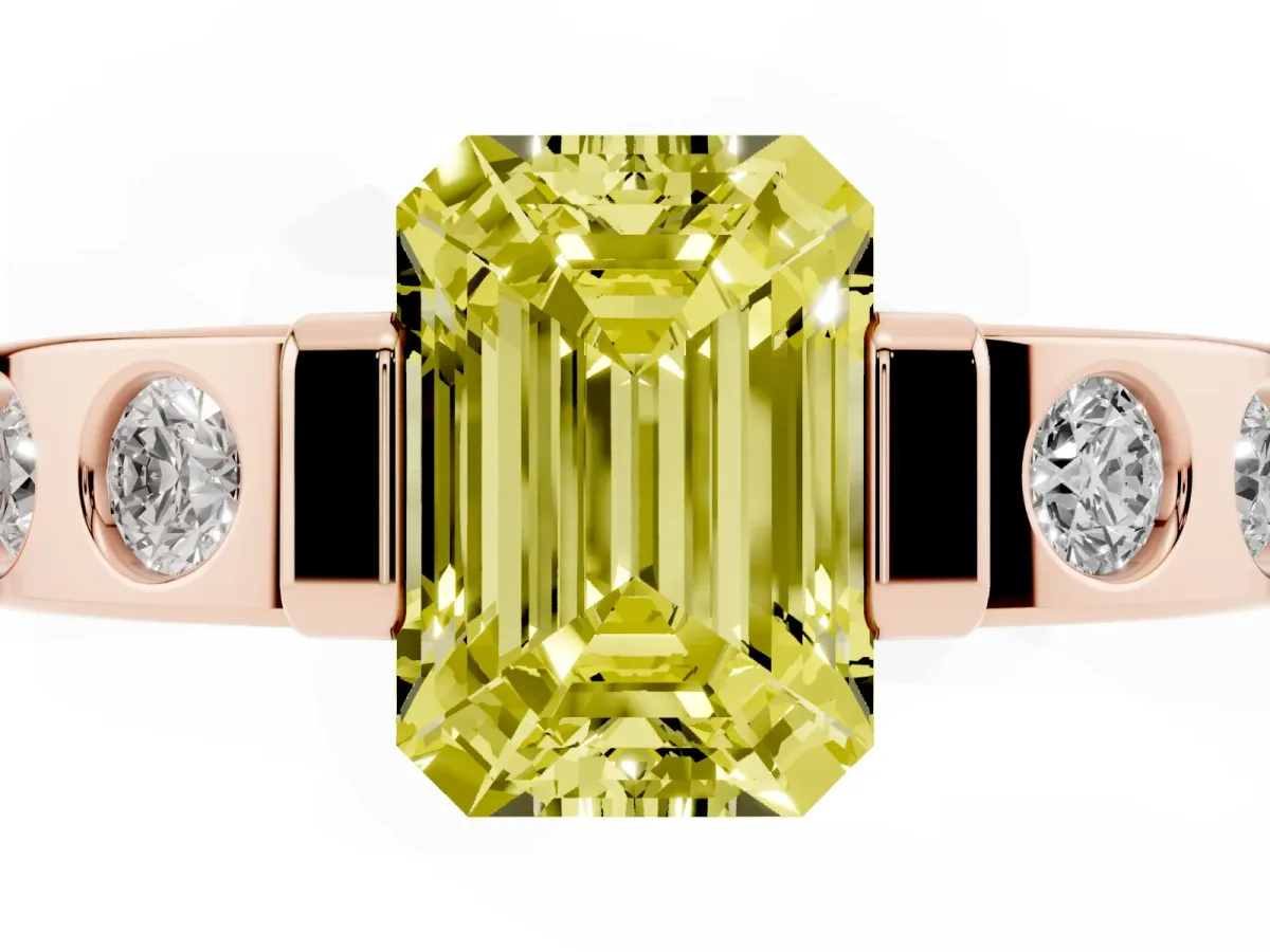 Fancy Yellow Emerald Cut Brilliant Channel-Set Diamond Ring with Bezel Prong Setting Rose gold