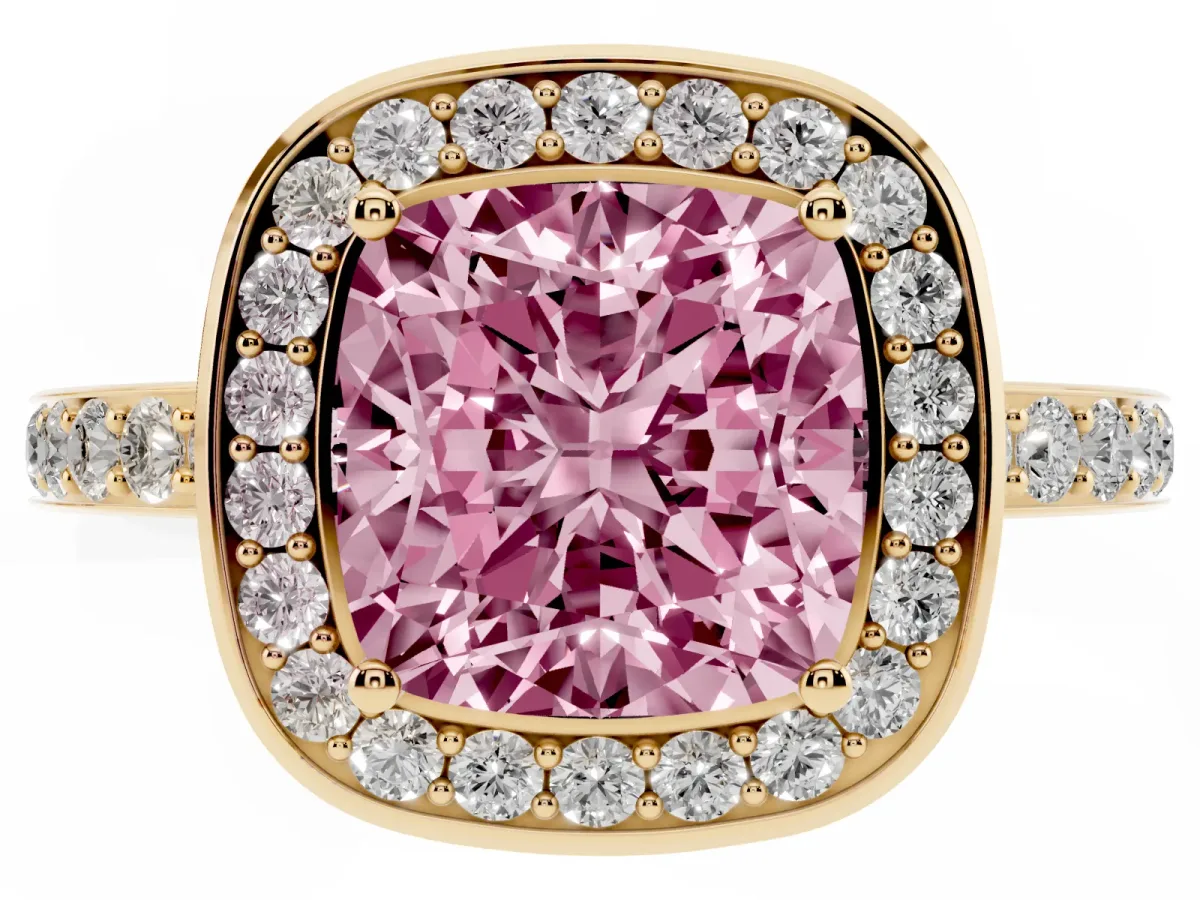 Fancy Pink Cushion Cut Diamond Halo Ring with Bezel Frame and Pavé Band Yellow gold