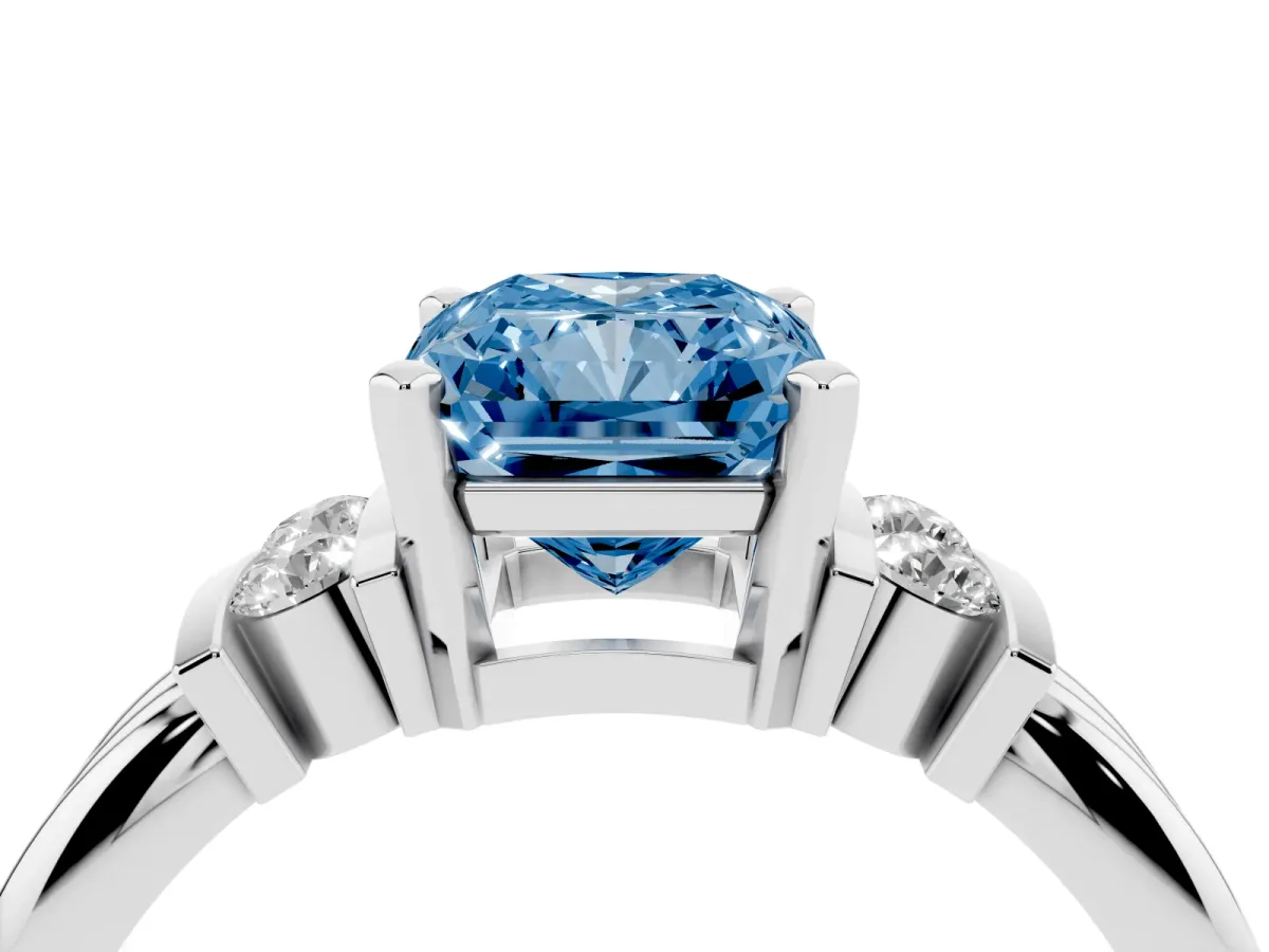 Fancy Blue Radiant Cut Cut Three-Stone Channel Set Ring with Bar Prongs Silver