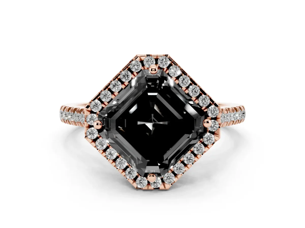 Fancy Black Asscher Cut Diamond Cushion Halo Ring with Pavé Band Rose gold
