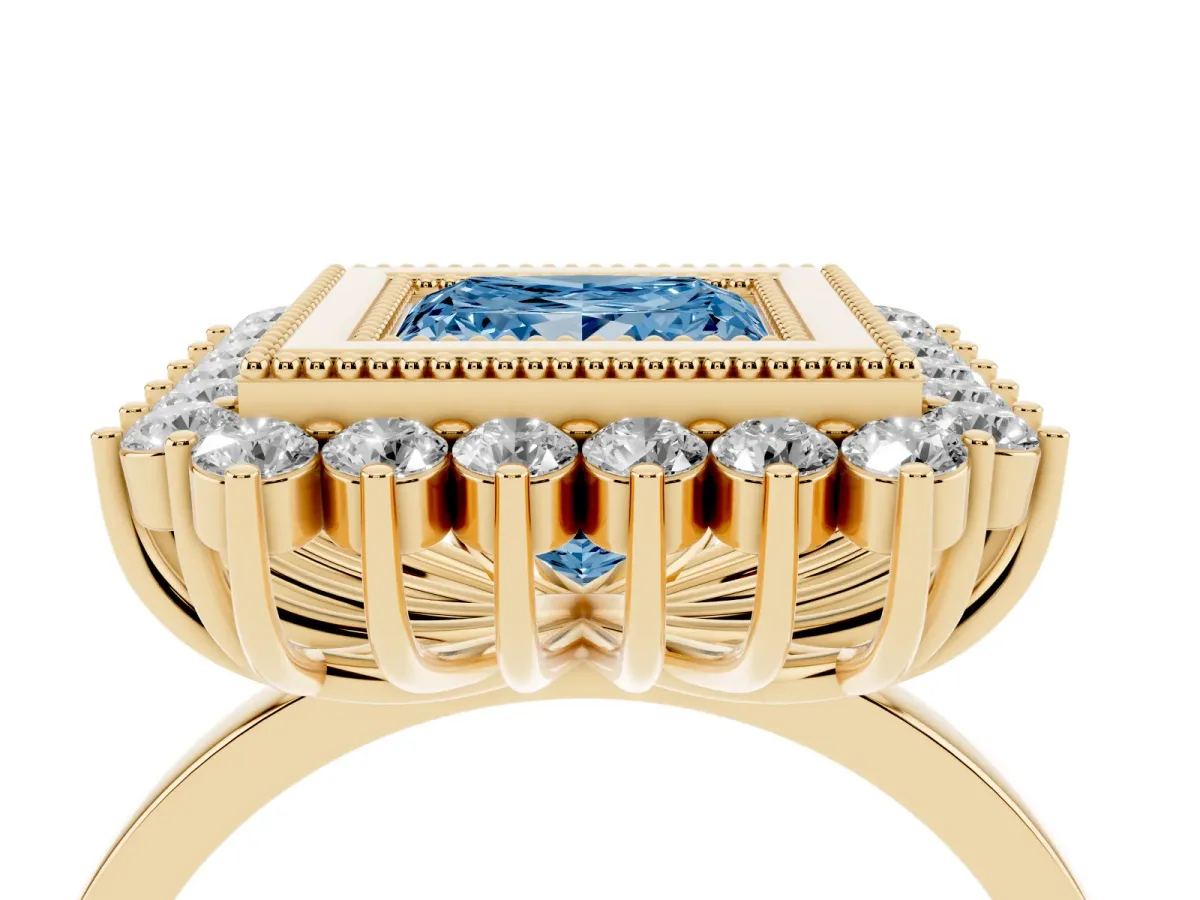 Fancy Blue Princess Cut Halo Diamond Ring with Milgrain Edge and Round Prong Setting Yellow gold