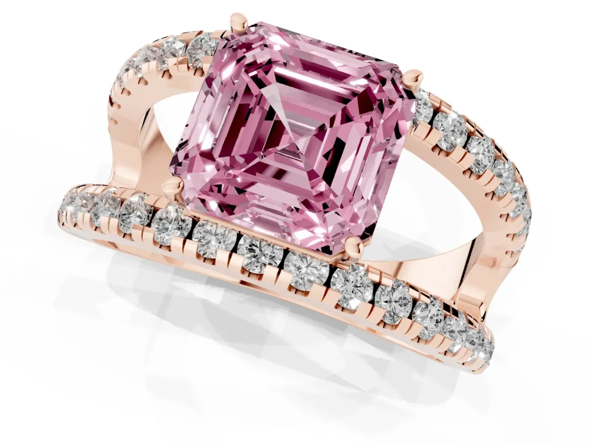 Fancy Pink Asscher Cut Solitaire Split Shank Pave Diamond Ring Rose gold