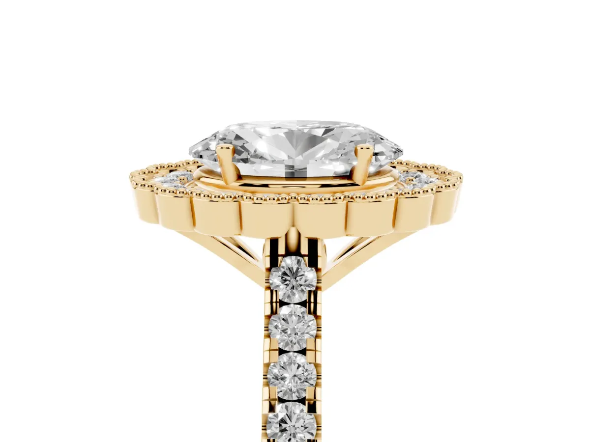 Oval Cut Cut Diamond Milgrain Floral Halo Engagement Ring with Pavé Band Yellow gold