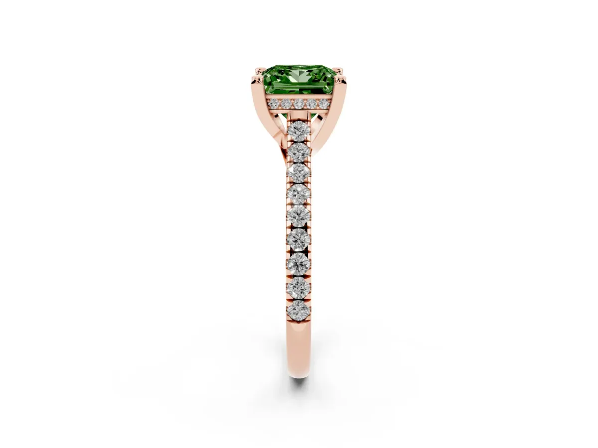 Fancy Green Princess Cut Brilliant Diamond Solitaire with Pavé Band and Four-Prong Setting Rose gold