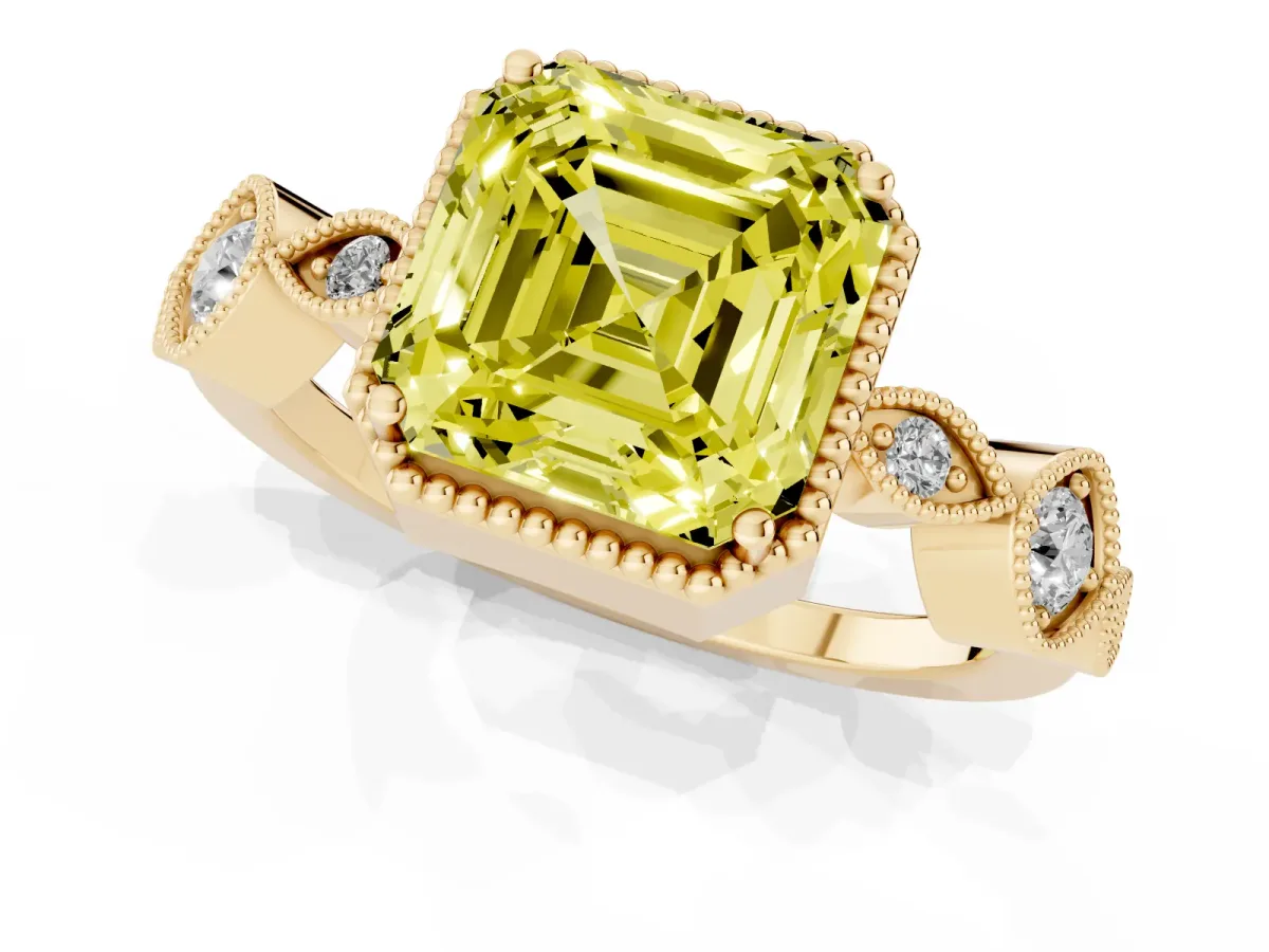 Fancy Yellow Asscher Cut Diamond Vintage Milgrain Ring with Round Stations Yellow gold
