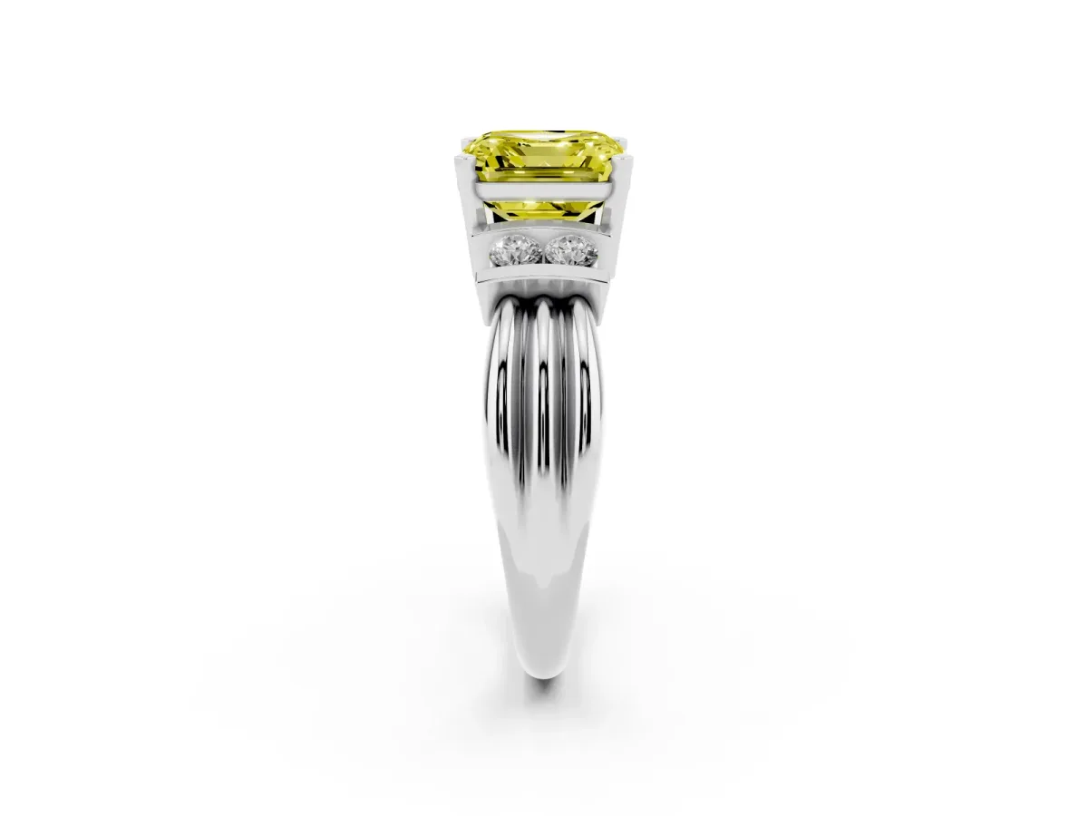 Fancy Yellow Asscher Cut Cut Three-Stone Channel Set Ring with Bar Prongs Silver