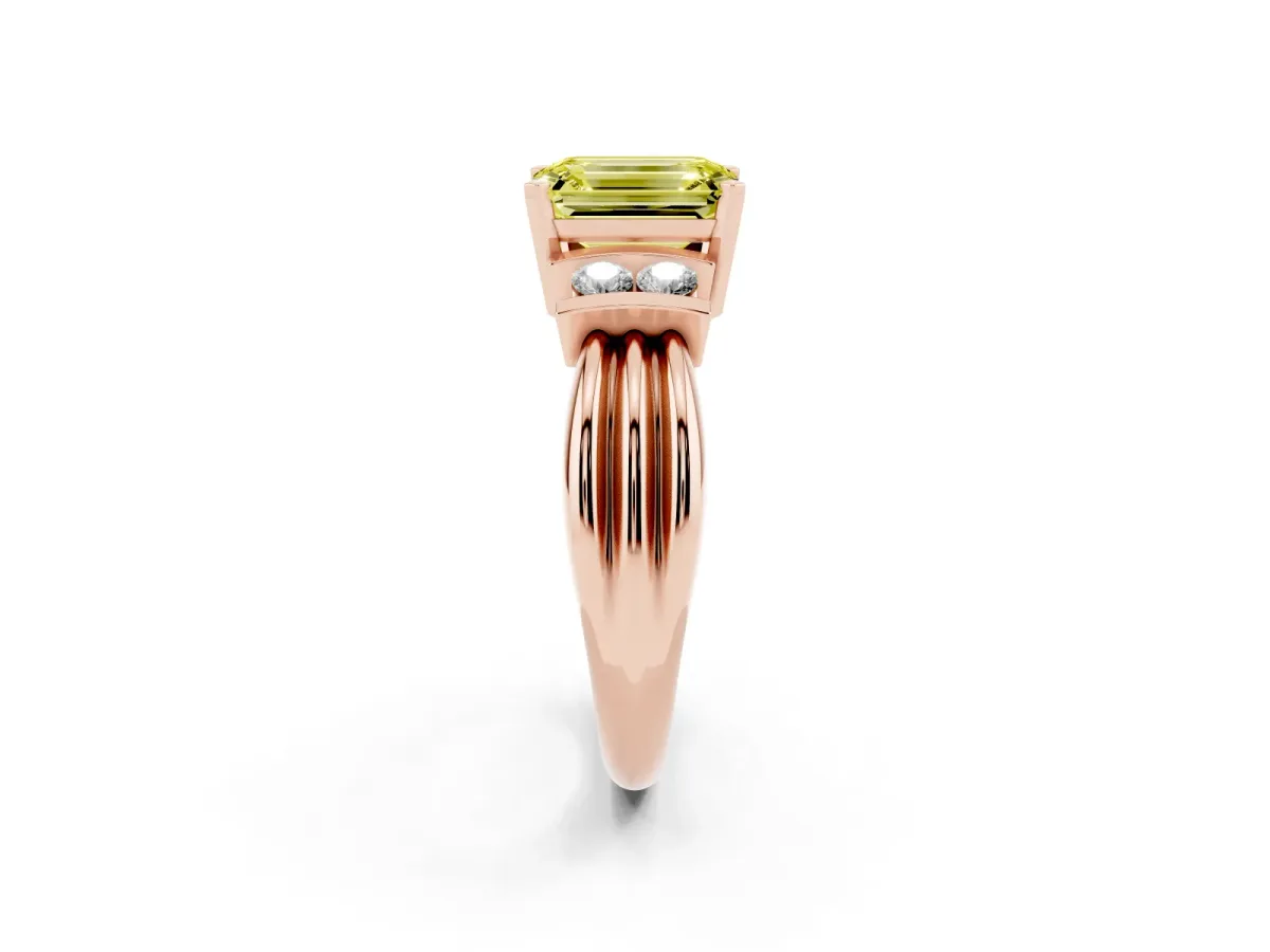 Fancy Yellow Emerald Cut Cut Three-Stone Channel Set Ring with Bar Prongs Rose gold