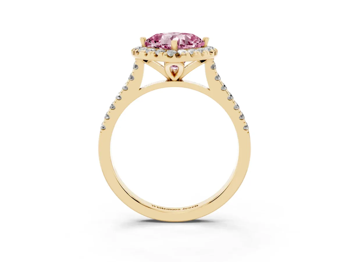 Fancy Pink Cushion Cut Diamond Cushion Halo Ring with Pavé Band Yellow gold