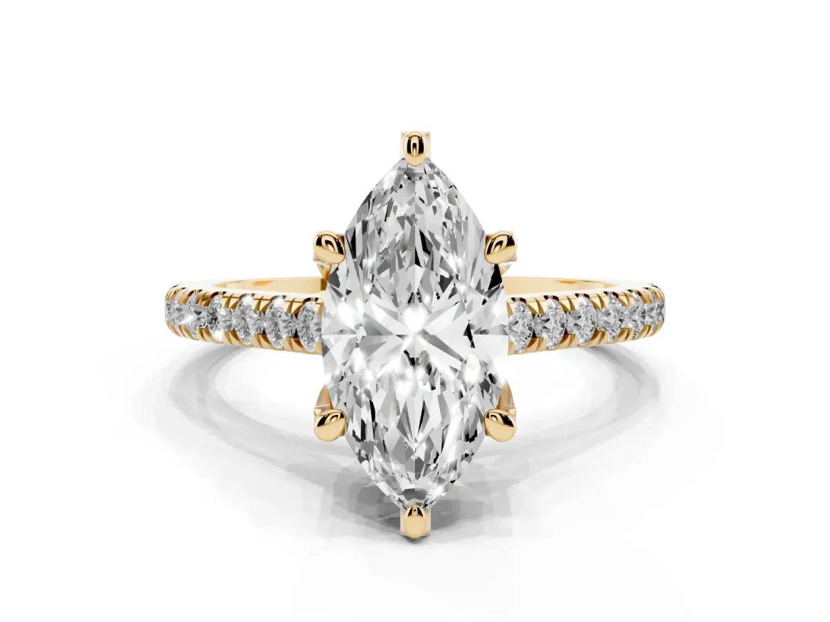 Marquise Cut Brilliant Diamond Solitaire with Pavé Band and Four-Prong Setting Yellow gold