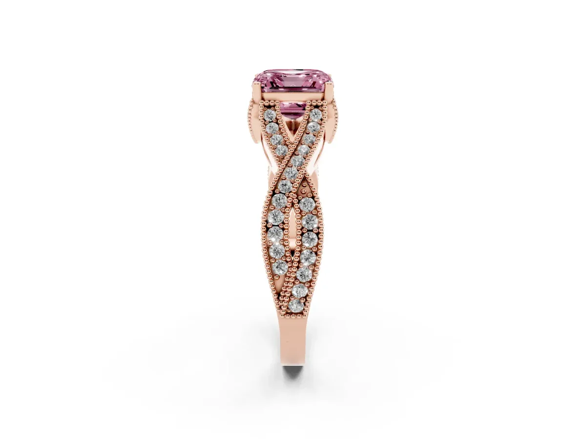 Fancy Pink Asscher Cut Cut Diamond Twisted Band with Milgrain Pave Setting and Four-Prong Setting Rose gold