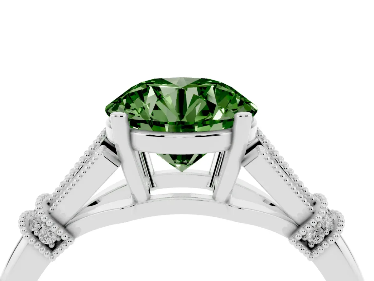 Fancy Green Round Cut Diamond Solitaire Ring with Floral Filigree and Pave Accents Platinum