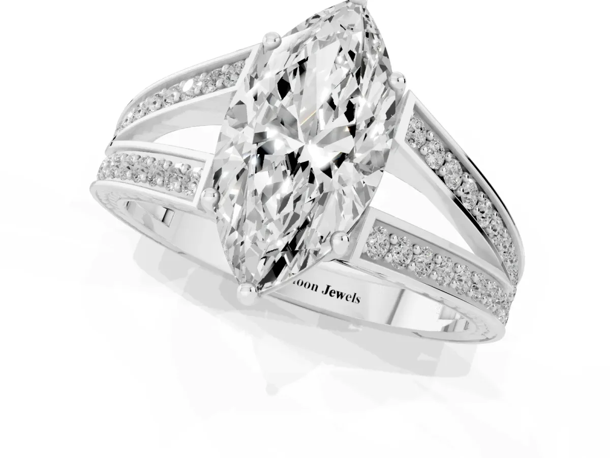 Marquise Cut Diamond Split Shank Ring with Pavé Band and Four-Prong Setting Silver