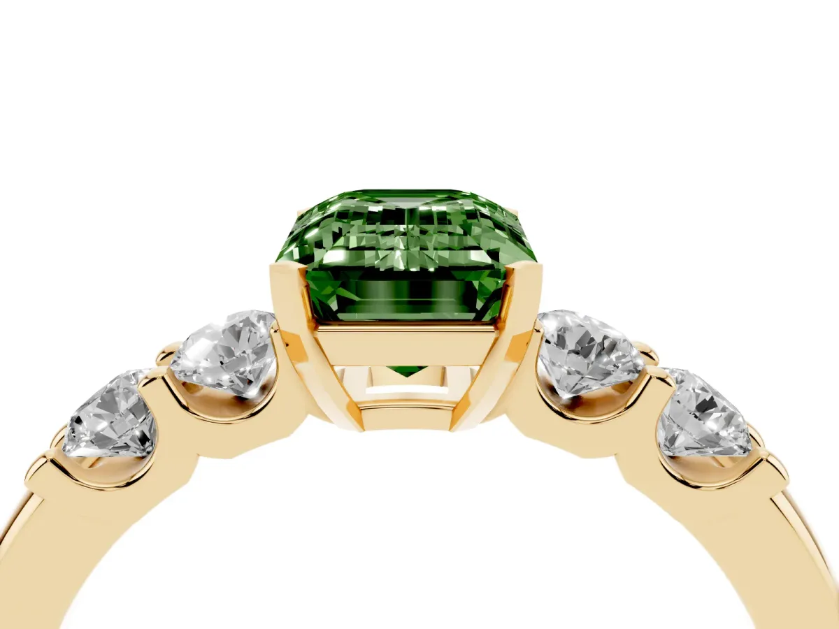 Fancy Green Emerald Cut Brilliant Cut Diamond Five-Stone Prong Set Engagement Ring with Channel Band Yellow gold