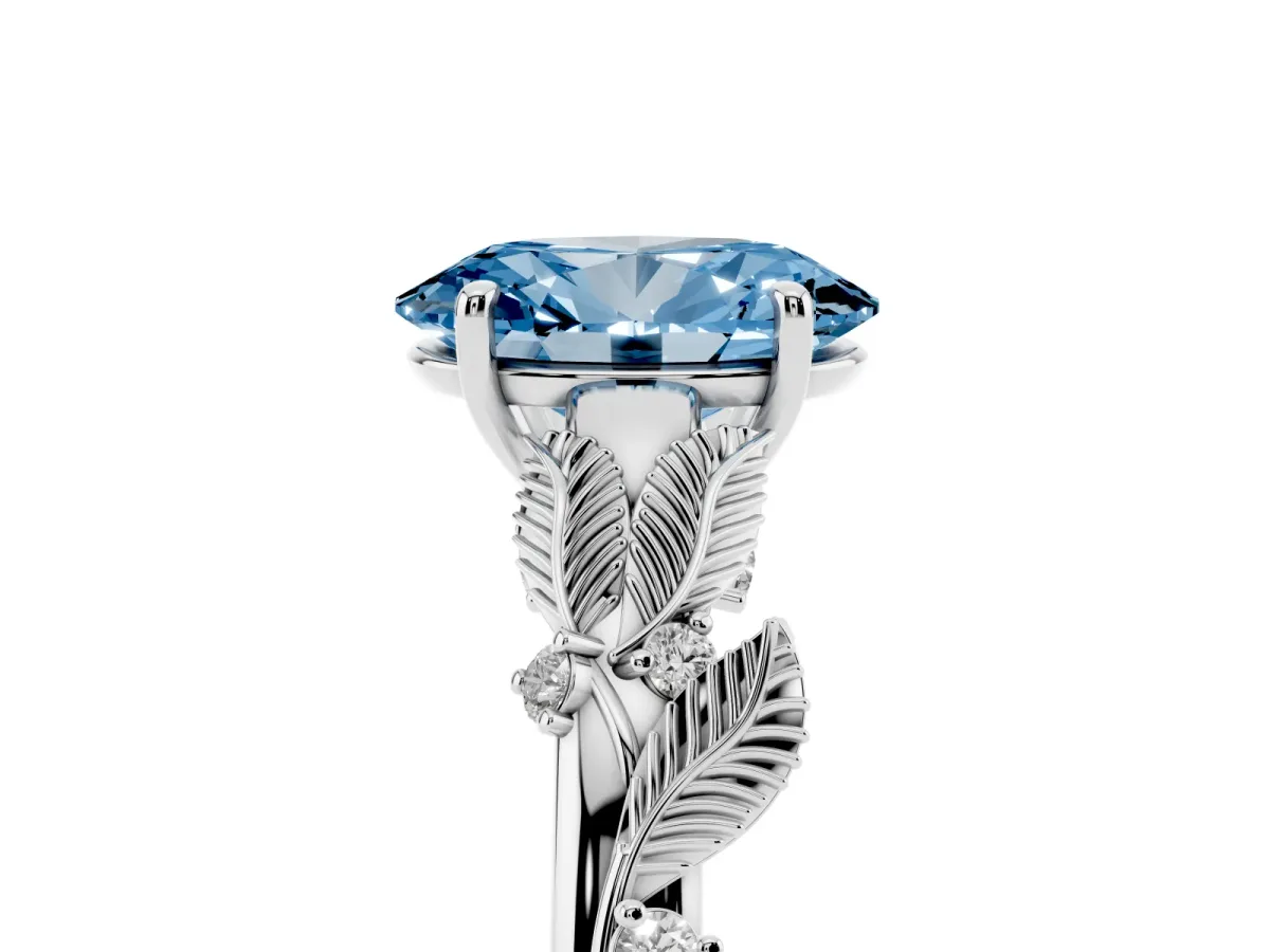 Fancy Blue Oval Cut Diamond Solitaire Ring with Leaf Motif Band and Four-Prong Setting Silver