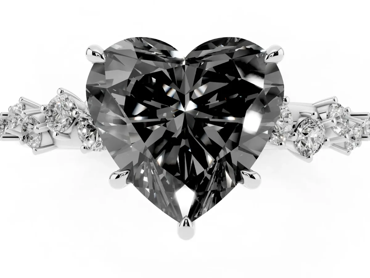 Fancy Black Heart Cut Diamond Cluster Side Stone Solitaire Ring with Prong Setting Silver