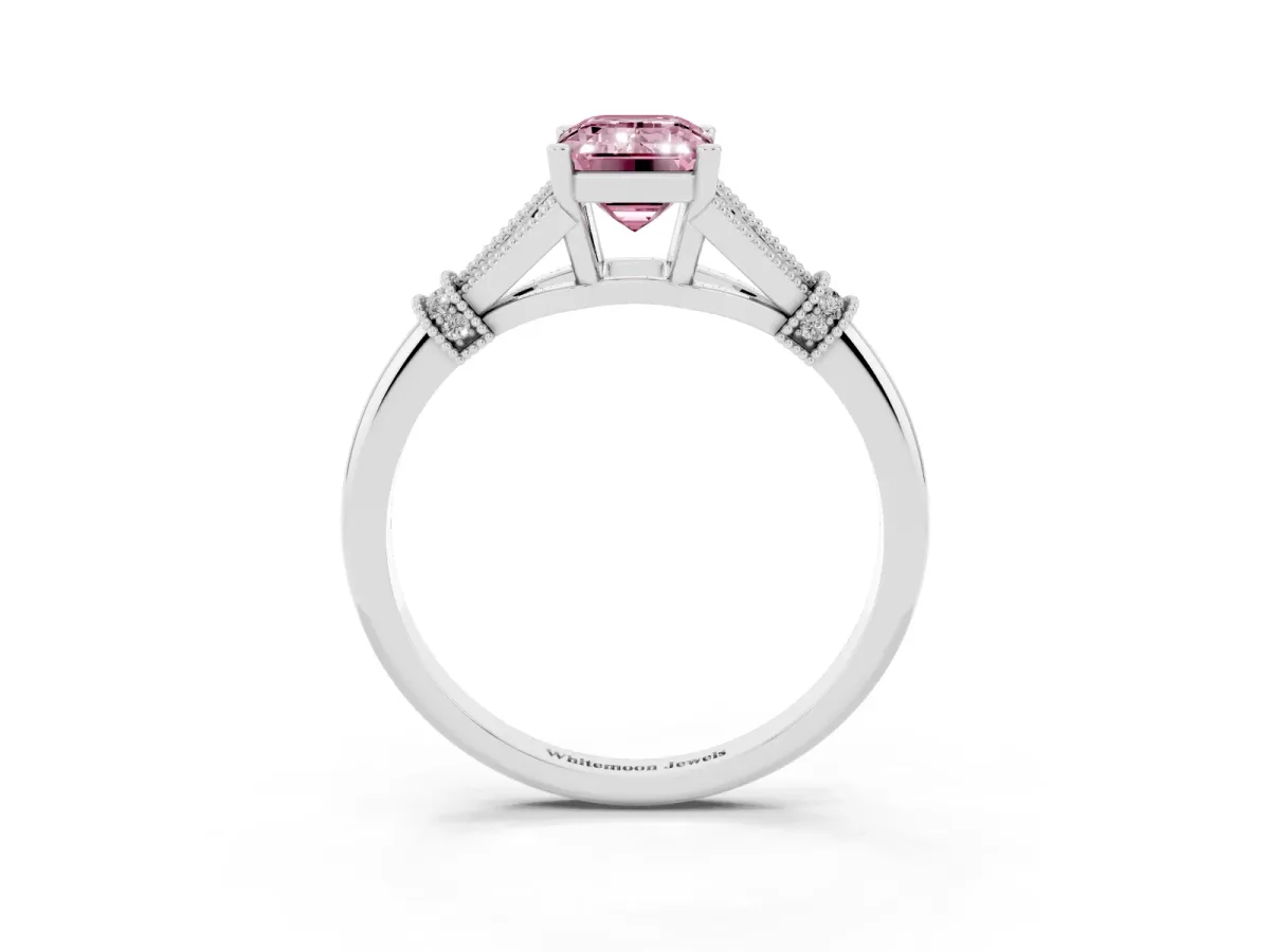 Fancy Pink Emerald Cut Diamond Solitaire Ring with Floral Filigree and Pave Accents White gold