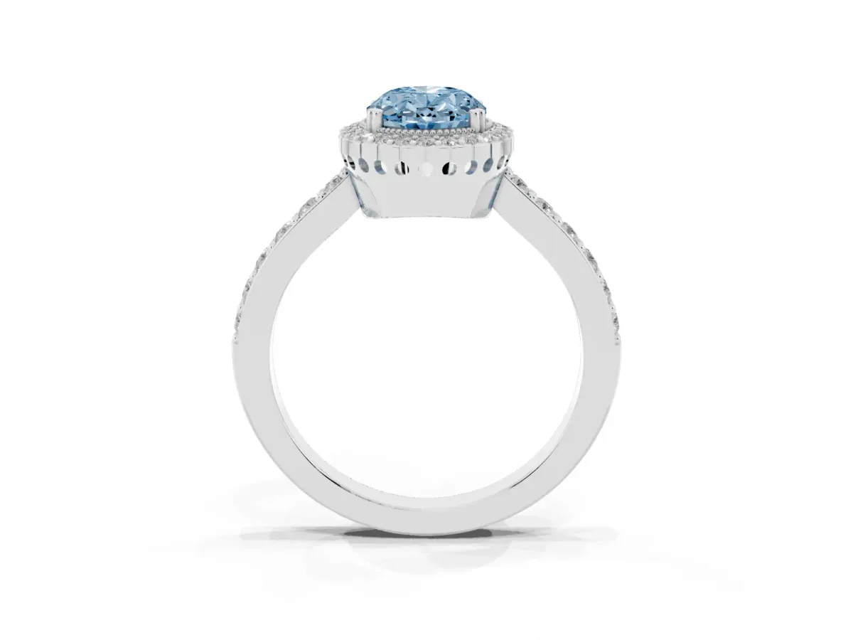 Fancy Blue Oval Cut Cut Diamond Halo Engagement Ring with Milgrain Detail and Pavé Band White gold