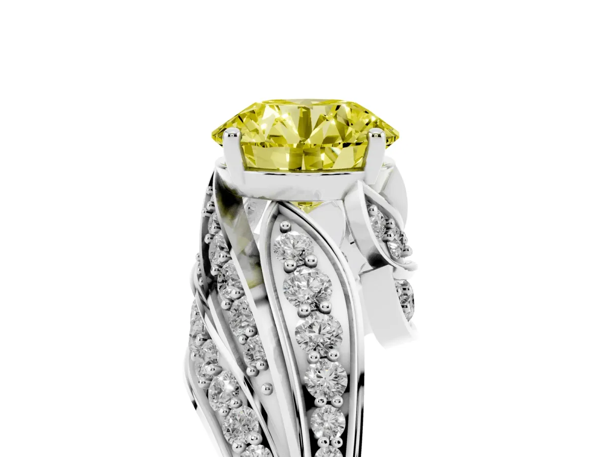 Fancy Yellow Round Cut Diamond Solitaire Ring with Prong Setting and Twisted Pavé Band Silver
