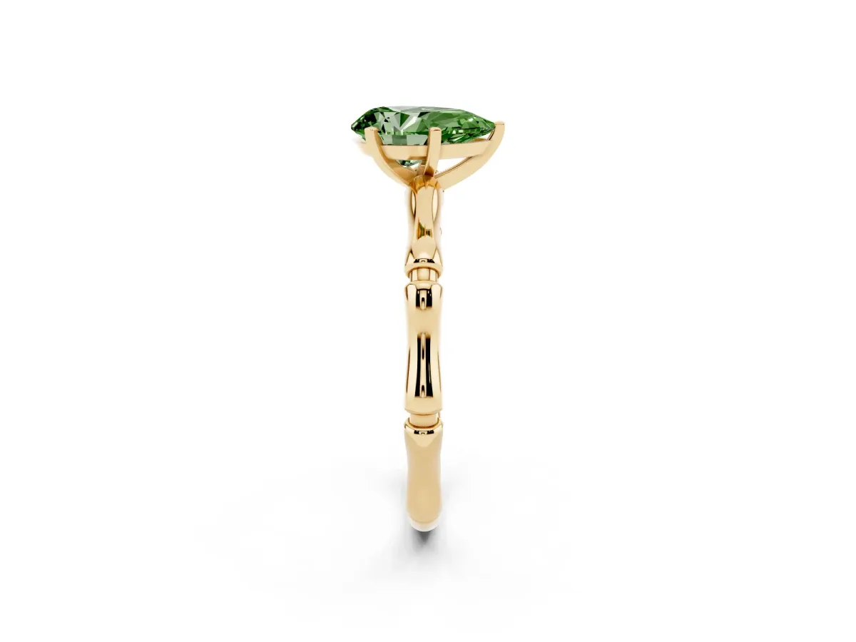 Fancy Green Pear Cut Solitaire Diamond Ring with Bamboo Band and Four-Prong Setting Yellow gold