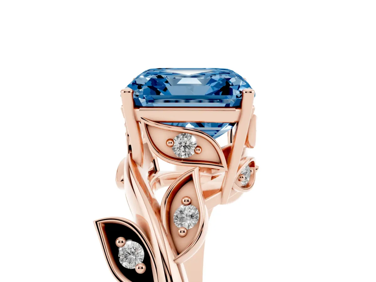 Fancy Blue Asscher Cut Solitaire Twist Engagement Ring with Leaf Accents and Prong Setting Rose gold