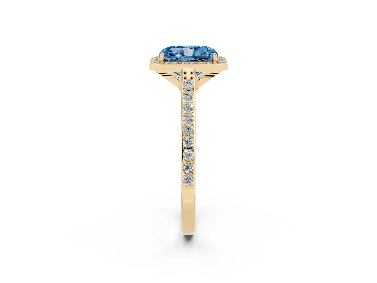 Fancy Blue Radiant Cut Diamond Halo Engagement Ring with Round Pavé Shoulders and Prong Setting Yellow gold