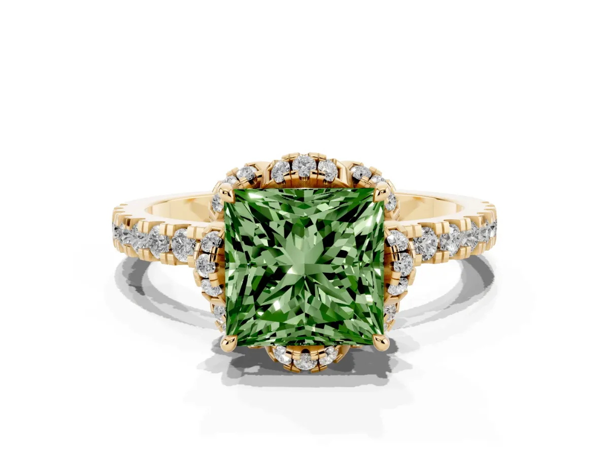 Fancy Green Princess Cut Diamond Halo Pave Band with Four-Prong Setting Yellow gold