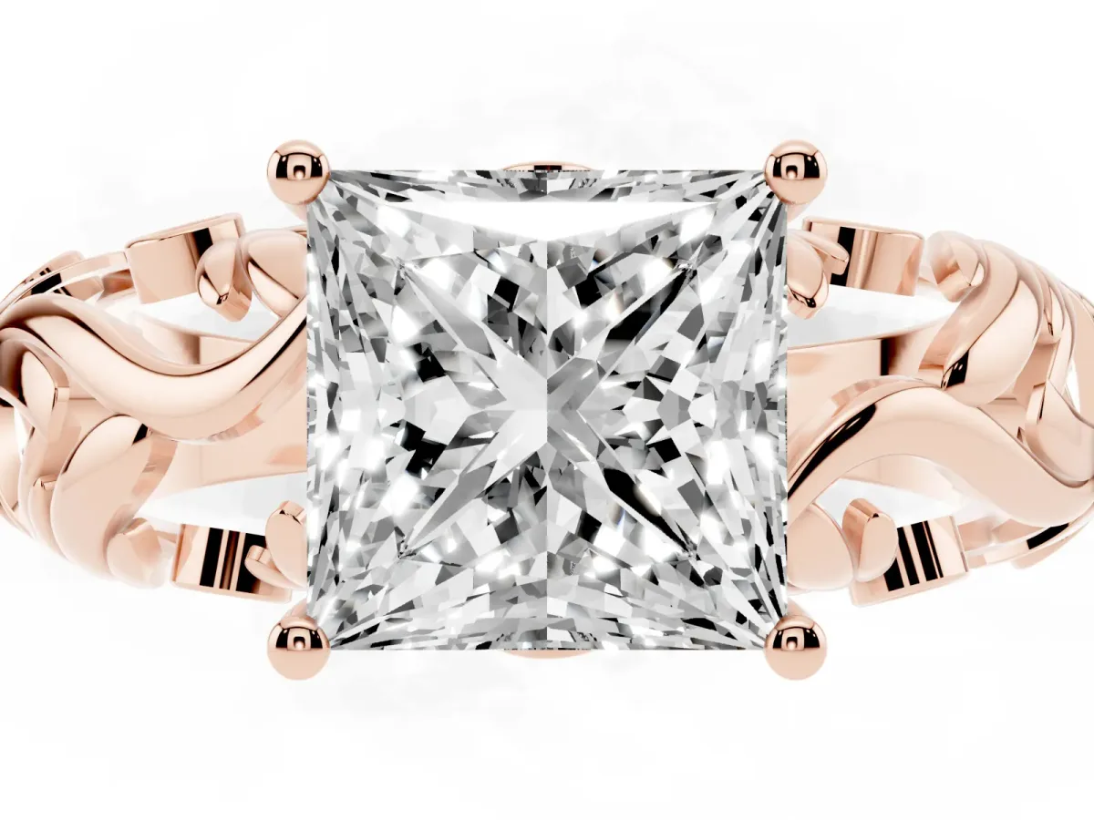 Princess Cut Solitaire Diamond Leaf-Inspired Vine Band Ring with Prong Setting Rose gold