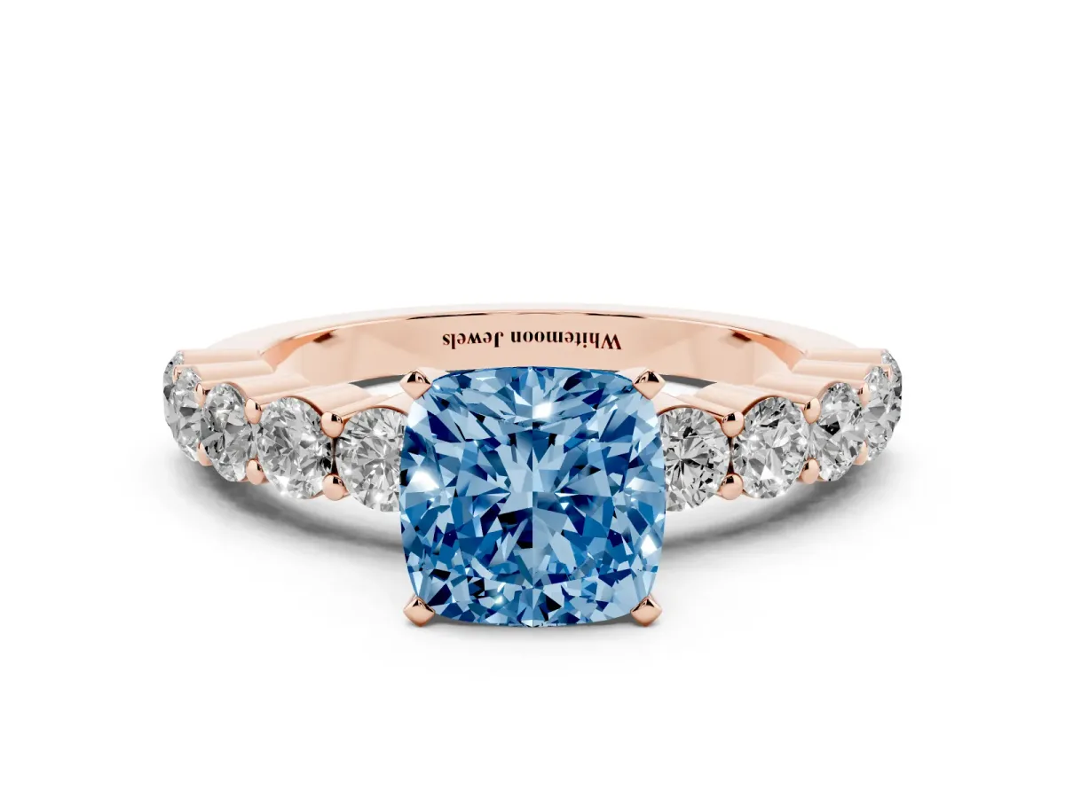 Fancy Blue Cushion Cut Diamond Solitaire Ring with Shared Prong Round Side Stones Rose gold