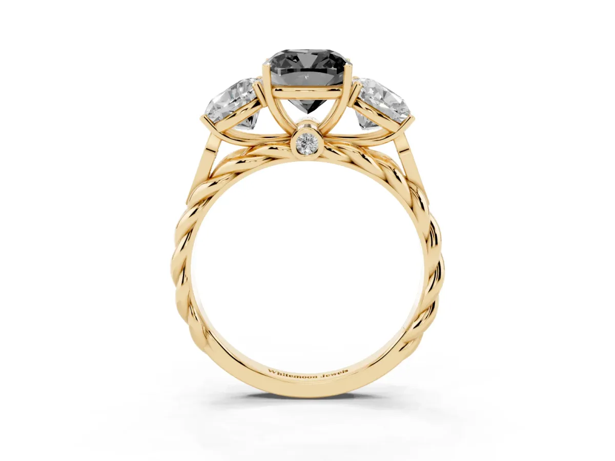 Fancy Black Three-Stone Cushion Cut Diamond Braided Band Ring with Four-Prong Setting Yellow gold
