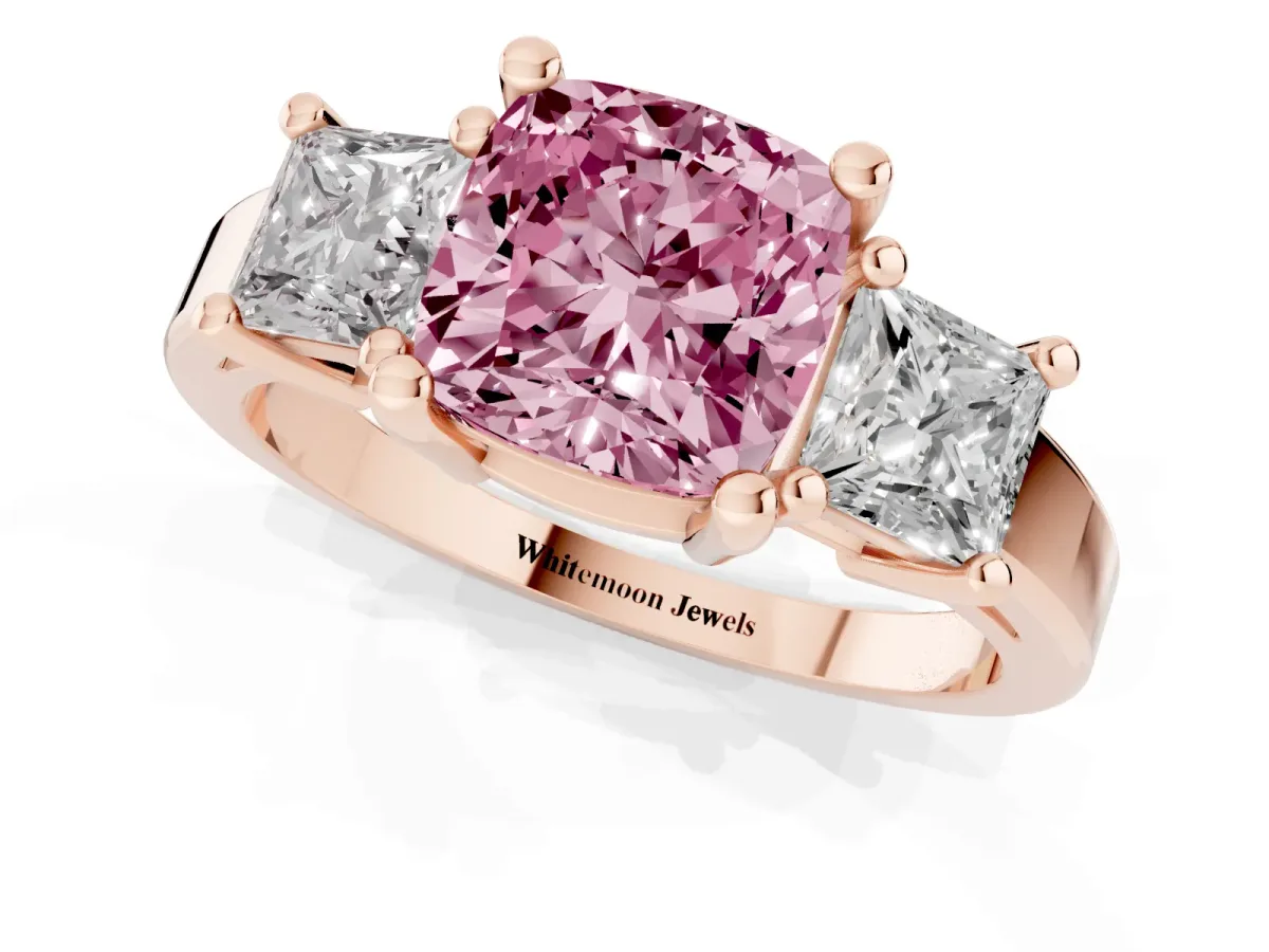 Fancy Pink Three-Stone Cushion Cut Cut Solitaire Ring with Prong Setting Rose gold