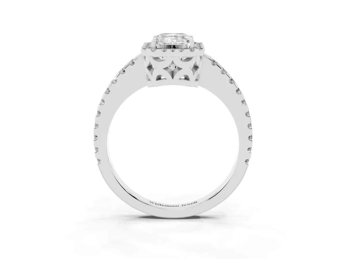 Emerald Cut Diamond Halo Engagement Ring with Pavé Band and Prong Setting Silver