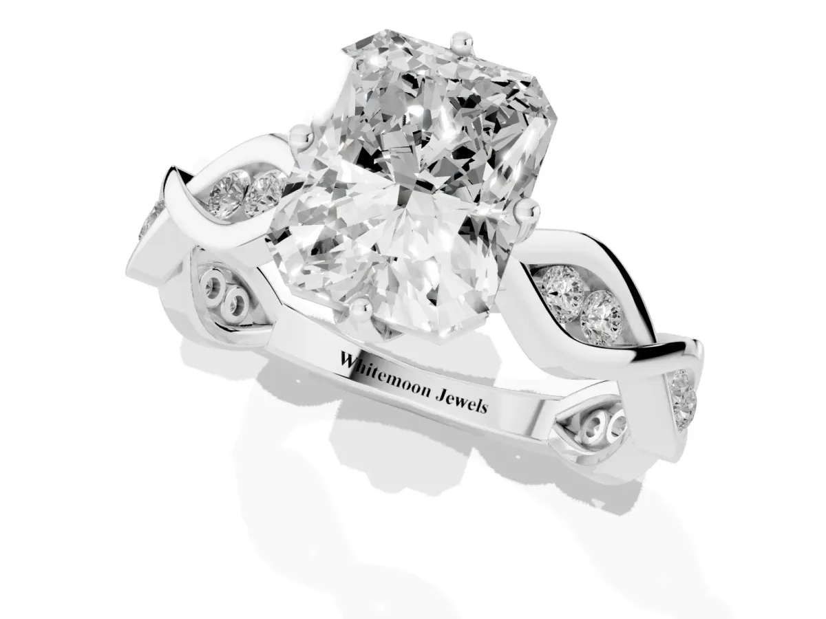 Radiant Cut Solitaire Twist Band with Leaf Prong Setting Silver