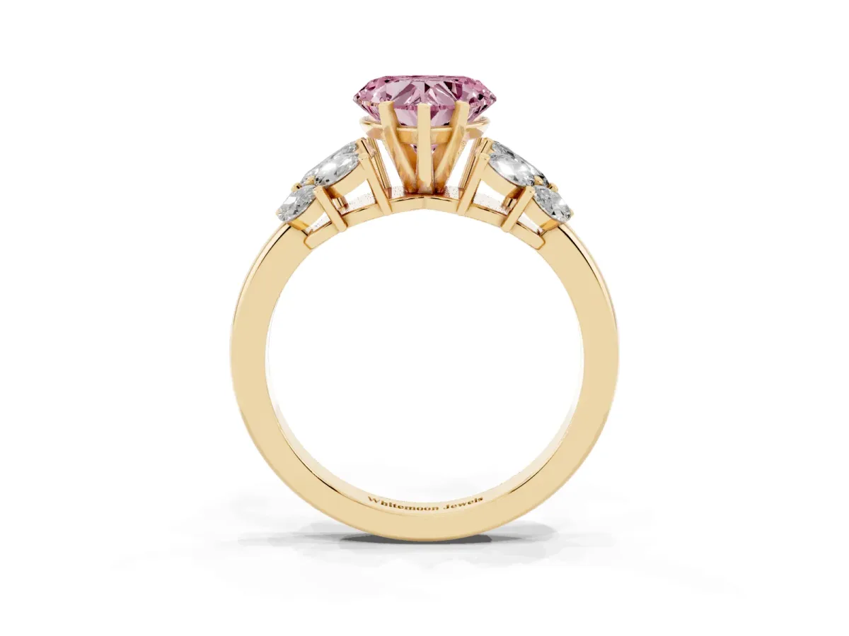 Fancy Pink Heart Cut Diamond Cluster Leaf Design Ring with Prong Setting Yellow gold