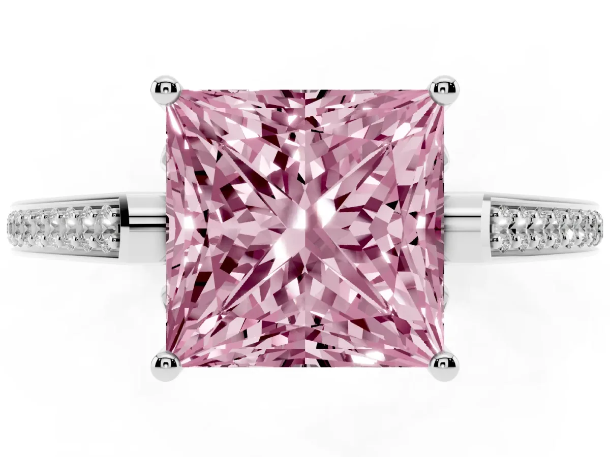 Fancy Pink Princess Cut Cut Cathedral Pave Diamond Engagement Ring with Six-Prong Setting Silver