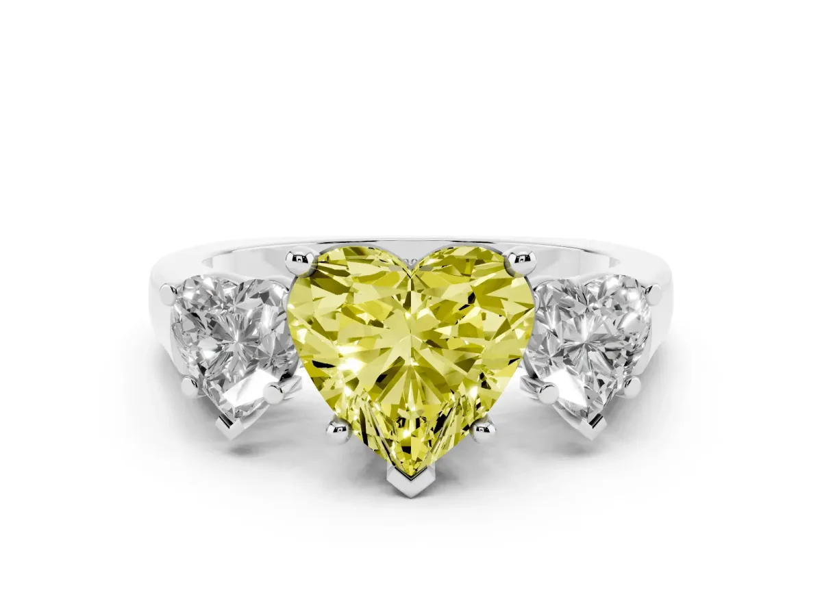 Fancy Yellow Three-Stone Heart Cut Brilliant Diamond Trellis Ring with Comfort Fit Band White gold
