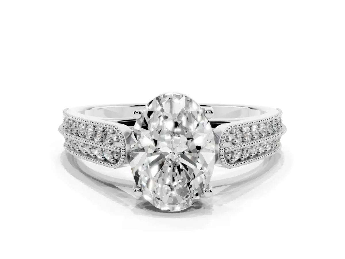 Oval Cut Cut Pave Split Shank Engagement Ring with Four-Prong Setting Silver