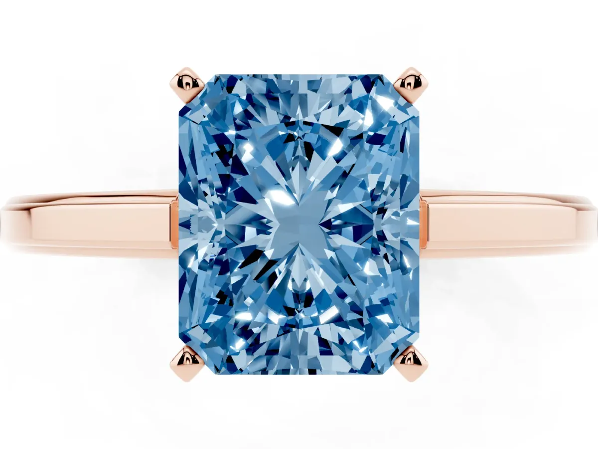 Fancy Blue Radiant Cut Solitaire Diamond Ring with Four-Prong Setting and Classic Band Rose gold