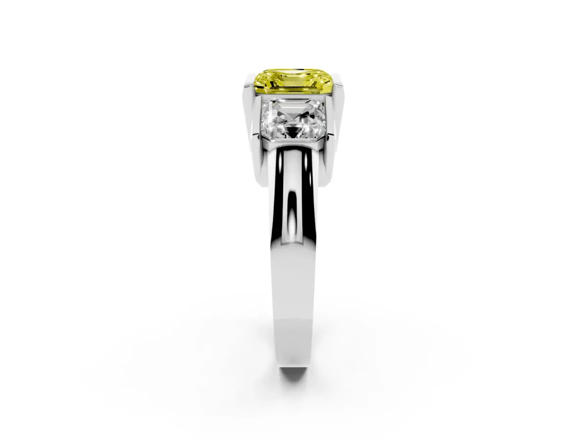 Fancy Yellow Three Stone Asscher Cut Cut Channel Set Diamond Ring Silver
