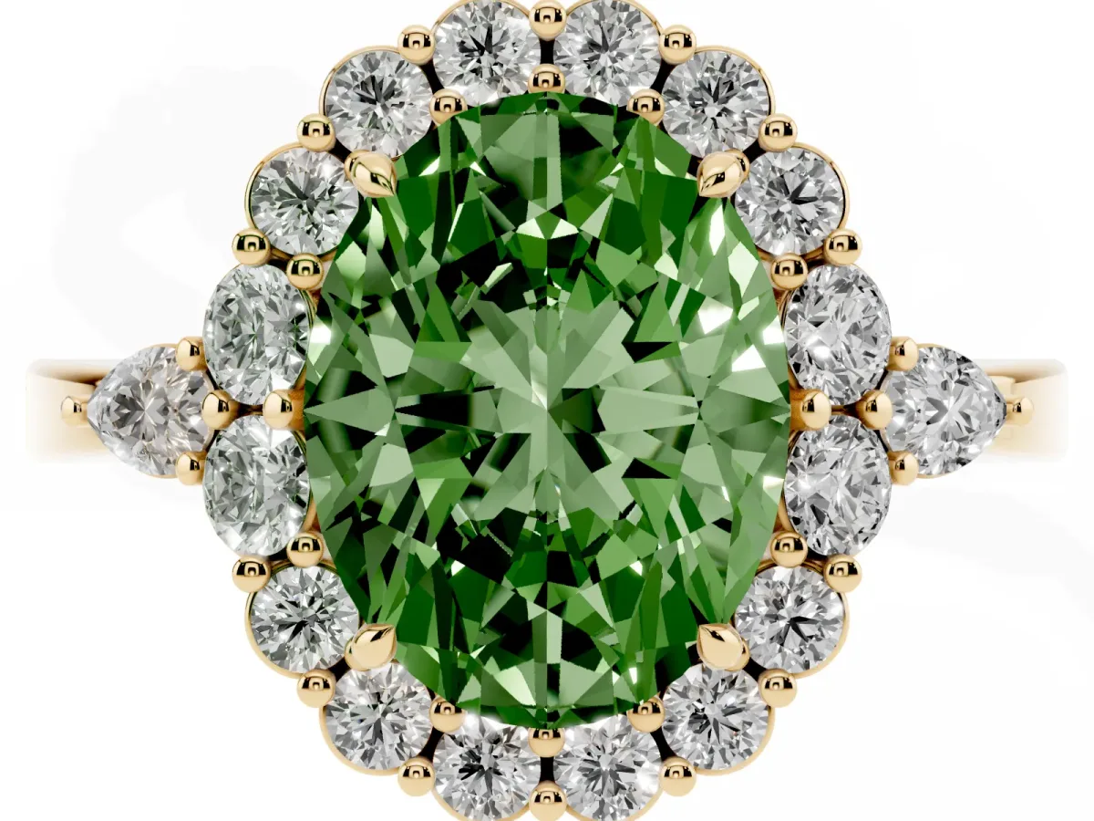 Fancy Green Oval Cut Diamond Halo Ring with Pear Side Stones and Prong Setting Yellow gold