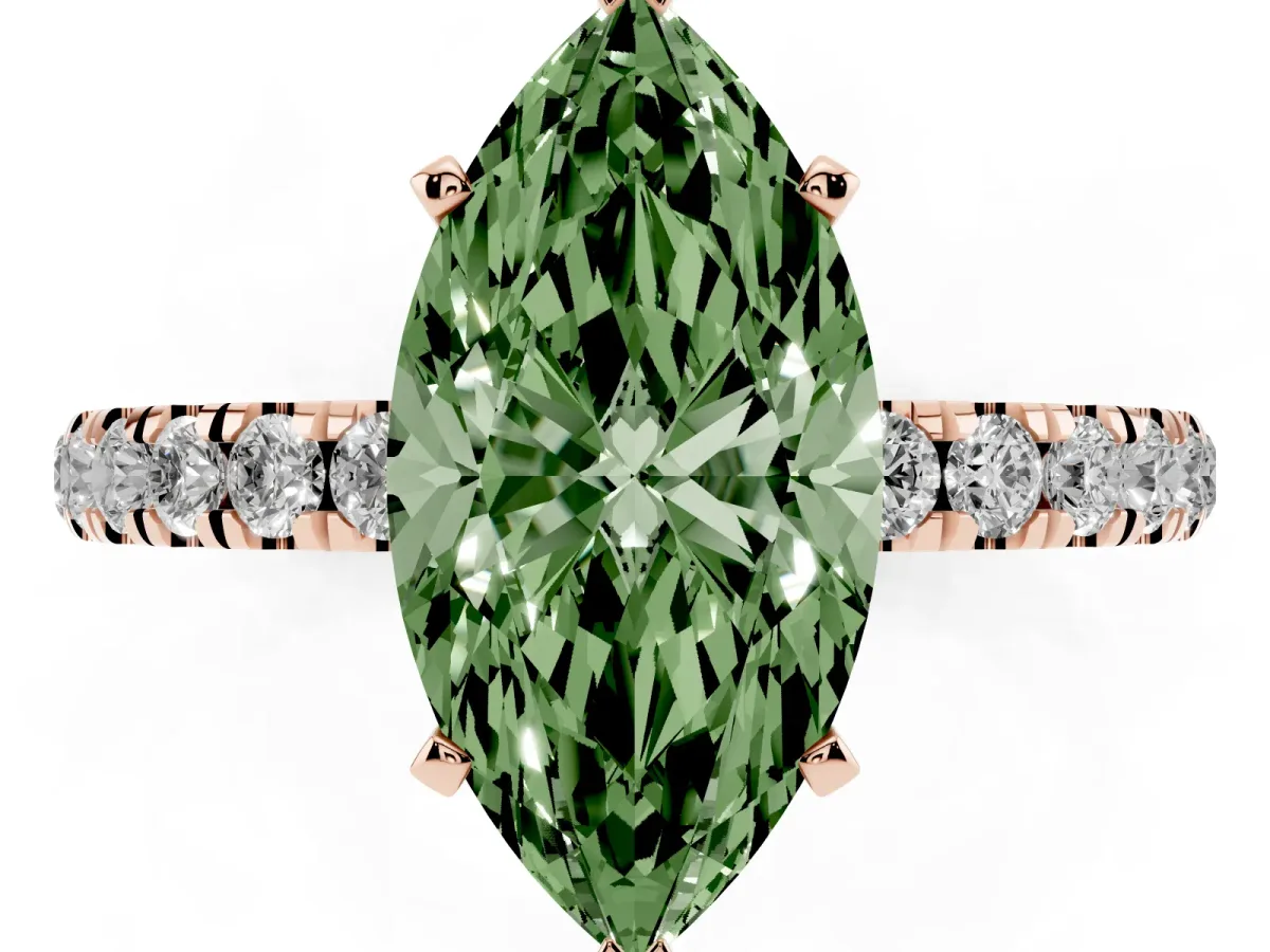 Fancy Green Marquise Cut Diamond Solitaire Ring with Pavé Accents and Four-Prong Setting Rose gold