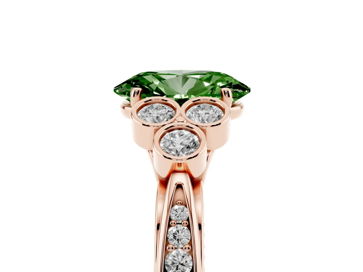 Fancy Green Oval Cut Cut Diamond Engagement Ring with Bezel Set Round Side Stones and Prong Setting Rose gold