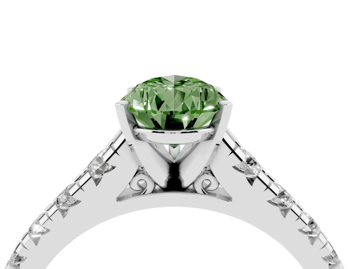 Fancy Green Pear Cut Diamond Cathedral Solitaire Ring with Round Pavé Band Silver
