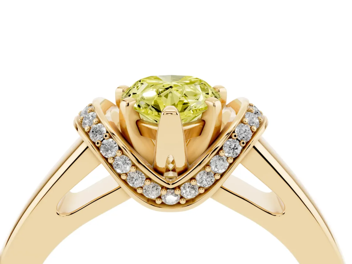 Fancy Yellow Pear Cut Solitaire Diamond Ring with Pave Band and Six-Prong Setting Yellow gold