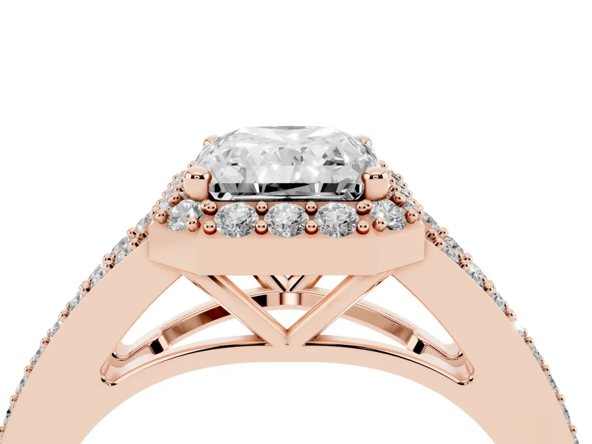 Radiant Cut Halo Split Shank Diamond Ring with Prong Setting Rose gold