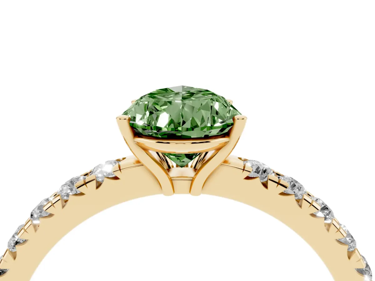 Fancy Green Pear Cut Diamond Pavé Solitaire Engagement Ring with Four-Prong Setting Yellow gold