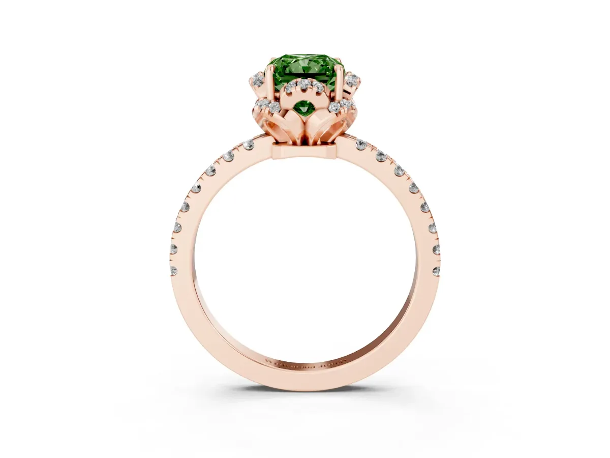 Fancy Green Radiant Cut Halo Diamond Pave Band Ring with Four-Prong Setting Rose gold